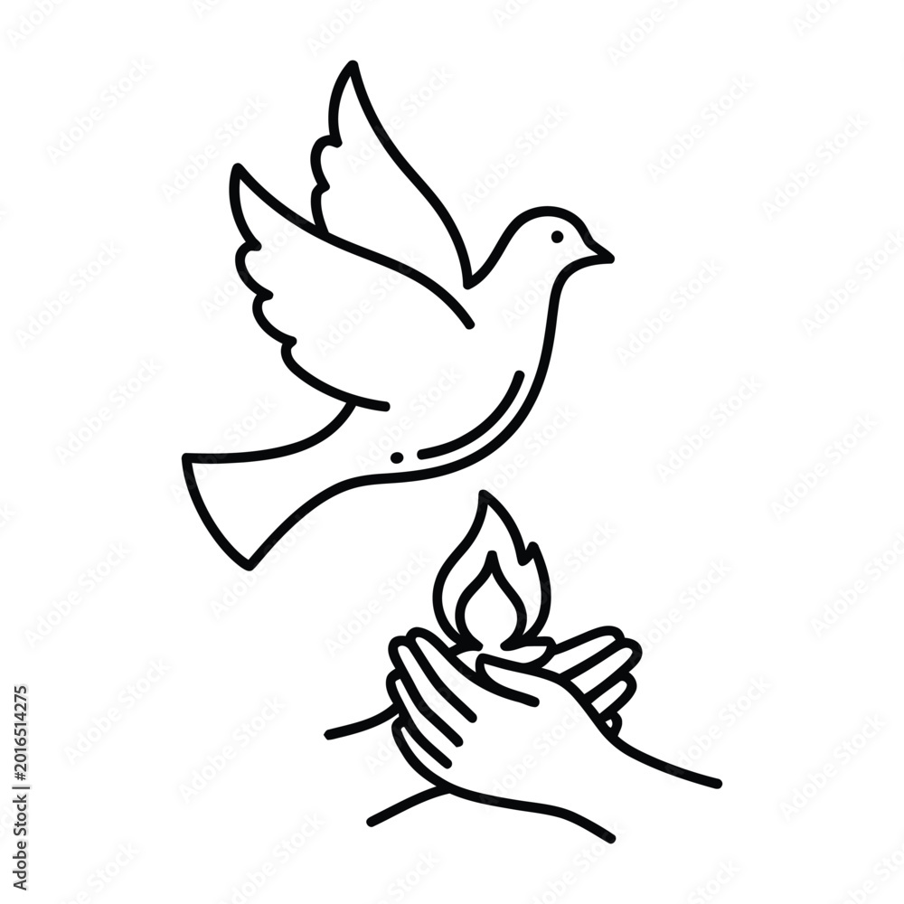 Fototapeta premium Peace dove flying above hands holding a flame vector line icon for spiritual and humanitarian design concepts
