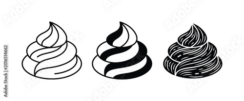 Foto Whipped cream swirl icons, 3 black and white cream dollop vectors, dessert toppi