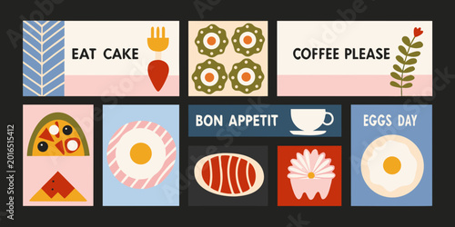Tableau sur toile Food phrase cards set ten illustrated cards arranged on black background