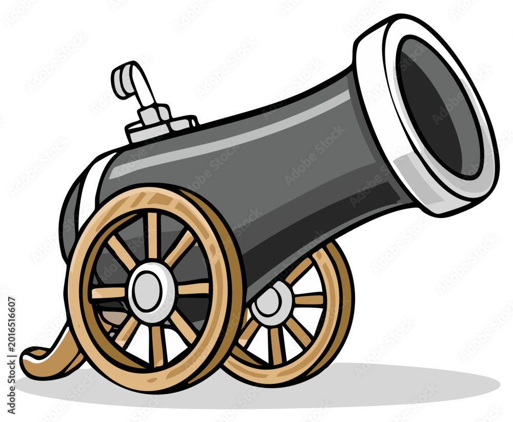Fototapeta premium Vintage cartoon cannon on wooden wheels ready to fire historical warfare projectile