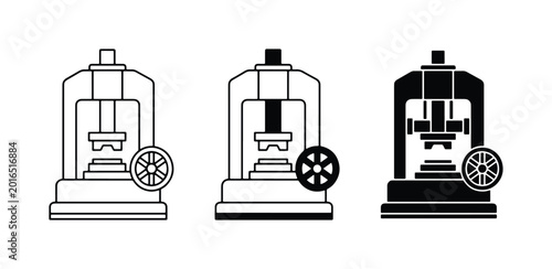 Fotografia Industrial hydraulic press icons, metal stamping machine vector set, heavy facto