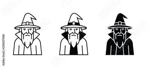 Foto Wizard Icons Set, Fantasy Character Vector Graphics, Magical Sorcerer Symbols, M