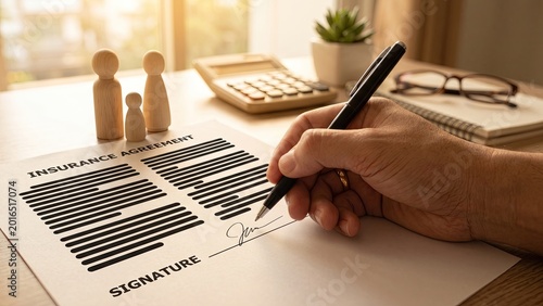 A pen signing an insurance contract beside wooden family peg figures on a warm desk, representing life planning and policy agreement.