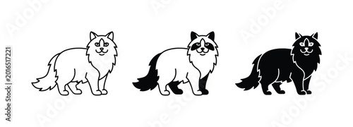 Obraz na płótnie Fluffy longhair cat vector icons, standing persian cat set, black and white feli
