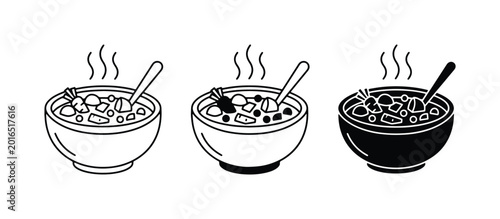 Tableau sur toile Hot Soup Bowls, Steaming Food Icons, Comfort Meal Vector Art, Black and White