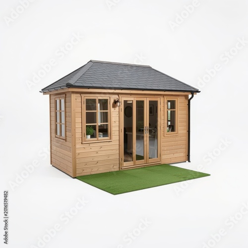 Wooden garden shed with glass doors and green artificial grass base isolated on white background.