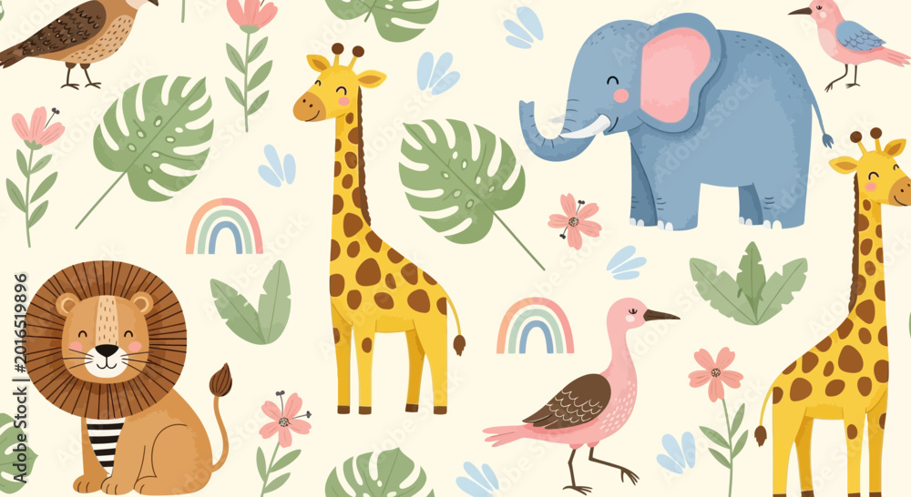 Obraz premium Jungle animals and plants on cream background