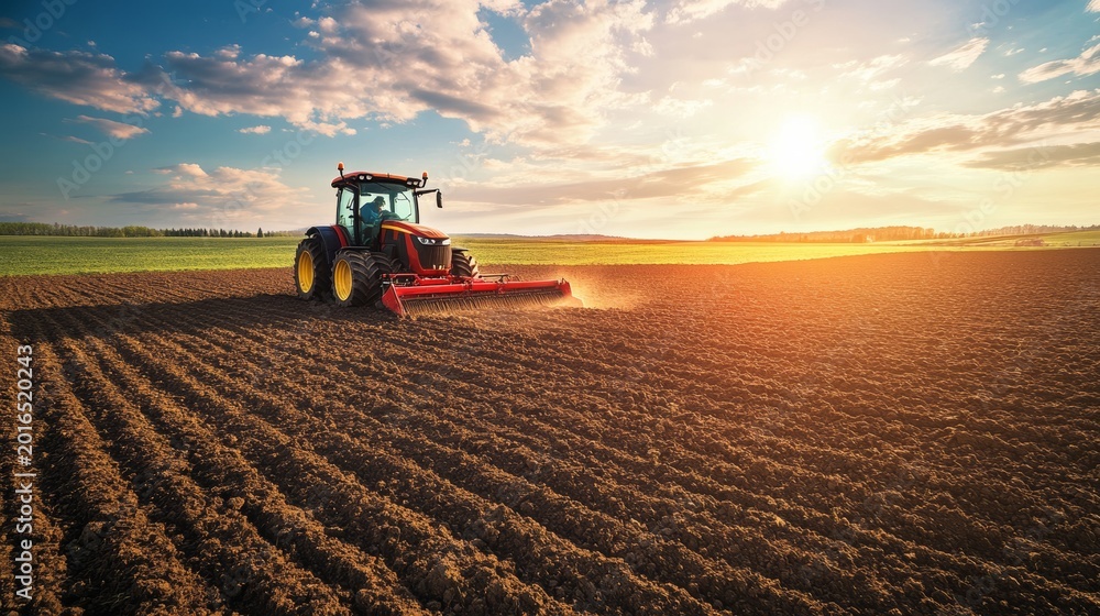 Fototapeta premium Tractor cultivates field during spring as the sun rises in the sky
