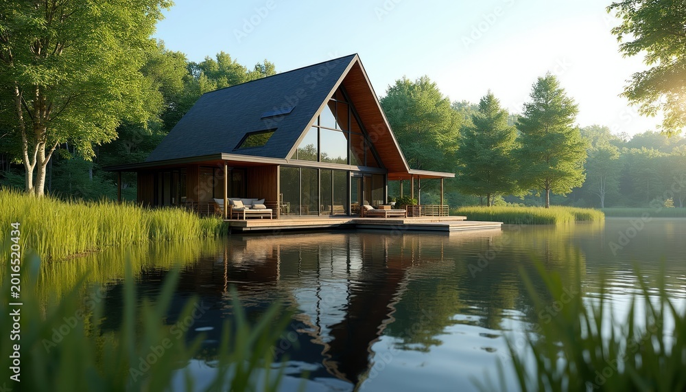 Fototapeta premium Modern A-frame house on lake with deck and large windows. Surrounded by green trees and grass, calm water reflects the building and nature landscape.