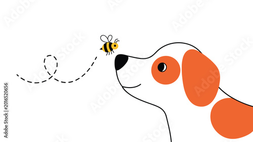 Sweet and simple illustration of a white dog with orange spots curiously looking at a small bumblebee flying near its nose.