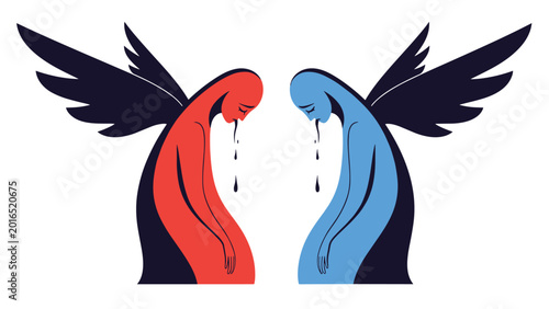 Poetic illustration of two stylized red and blue angels with large dark wings facing each other and shedding tears of sorrow.