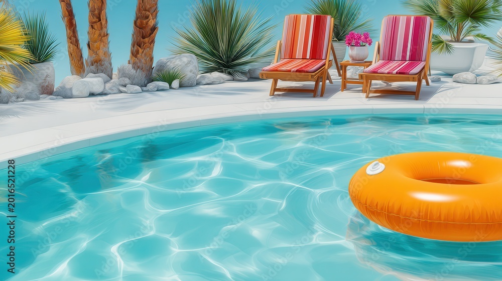 Obraz premium A bright summer pool with an inflatable ring and sun loungers in a tropical atmosphere.