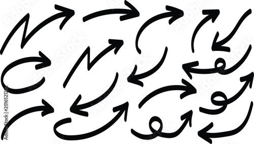 Collection of hand-drawn sketch arrows, black outline doodle pointers in various directions, vector illustration.