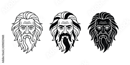 Foto Bearded Man Icons, Ancient Face Vector Graphics, Wise Old Man Emblem Set