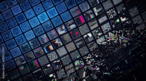 Abstract close-up of a digital screen or mosaic with varied colorful images abstract colorful