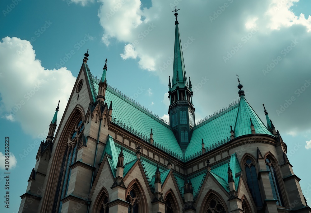 Obraz premium Copper Roofed Cathedral with Green Patina Under Dramatic Cloudy Sky Unique Gothic Architecture