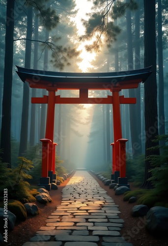 Distinctive Torii Gate Amidst Enigmatic Wooded Pathway Shinto Shrine Discoveries