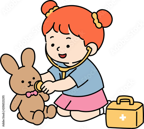 Cute Kid Playing with Toy Bunny Doll