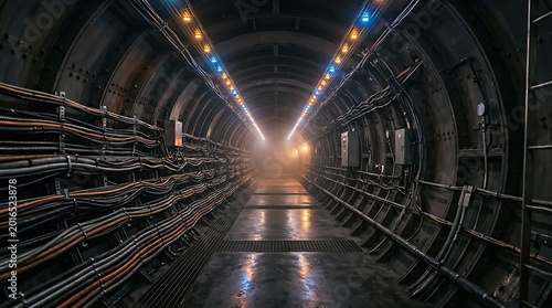 Long underground tunnel with cables and lights creating a futuristic industrial scene underground industrial.