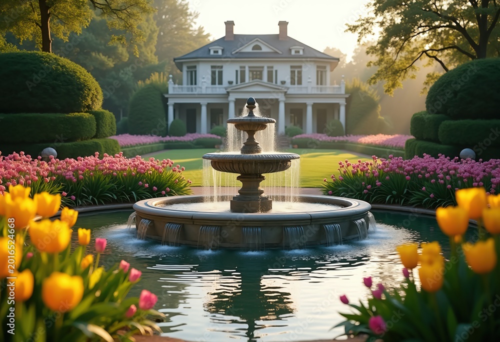 Obraz premium Sumptuous Mansion Surrounded by Pristine Gardens and Majestic Fountain in Blooming Elegance