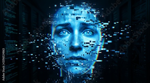Fragmented female face with glitch effect and digital distortion artificial intelligence
