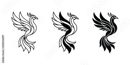 Fotografía Elegant Phoenix Vector Icons, Mythical Bird Graphics, Black and White Symbol Des