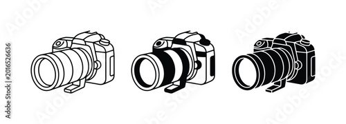 Fotografie Three DSLR Camera Icons, Black and White Line Art, Photography Equipment Set