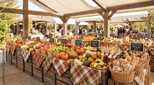People walk through a bustling market filled with colorful fruits, vegetables, and baked goods organized in wooden crates. The stalls are covered to shield from sunlight.