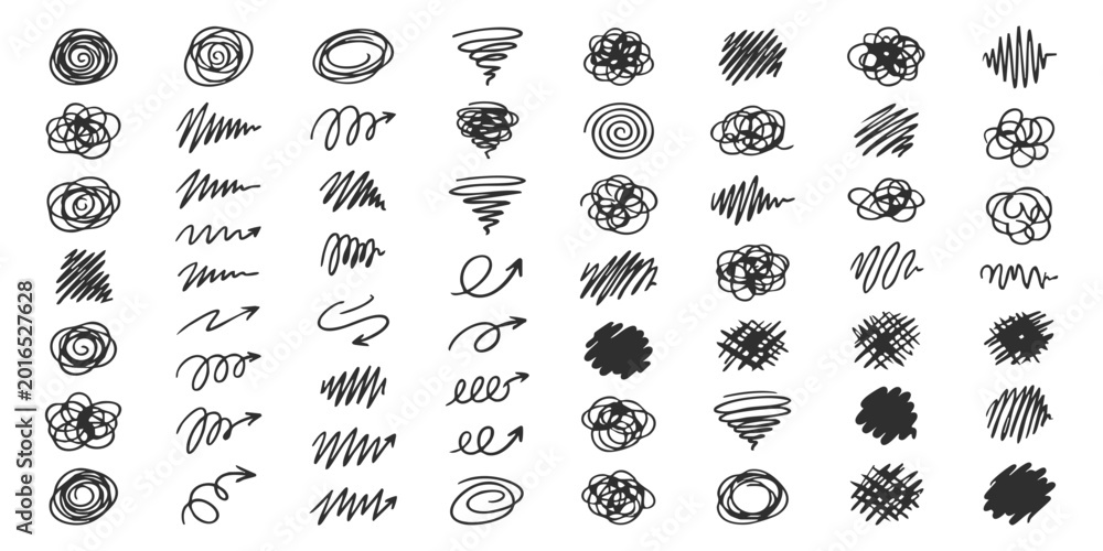Fototapeta premium Set of hand drawn pencil scribble shapes and rough sketch marks for creative design projects and artistic decoration
