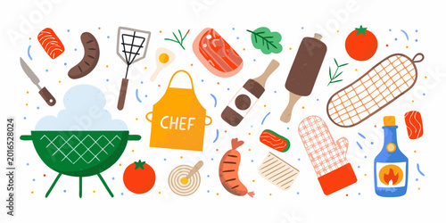 Flat vector illustration of a barbecue grilling set with various food items