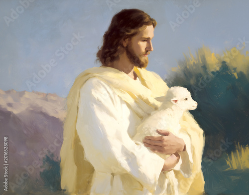 The Good Shepherd Jesus holding a lamb
