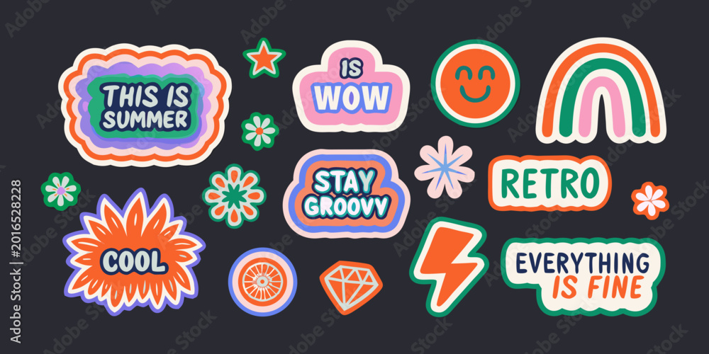 Naklejka premium Retro sticker pack with groovy typography and colorful illustrations