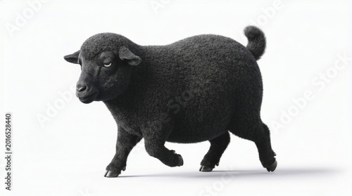 Funny 3D Black Sheep Cartoon Character Walking with Sneaky Expression - Cute Animal Mascot Isolated on White Background