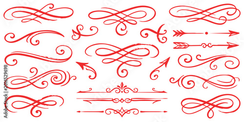 Tableau sur toile Collection of hand drawn red flourish swirl ornaments and decorative calligraphi