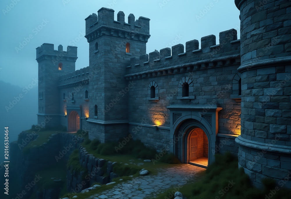 Obraz premium Fortified Romanesque Stronghold Sturdy Towers and Impenetrable Walls Majestic Historical Fortress