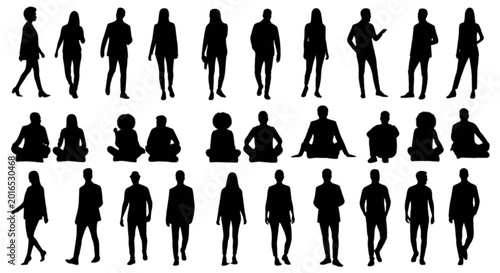 Foto Silhouettes of people walking in a line isolated on transparent background, Vect