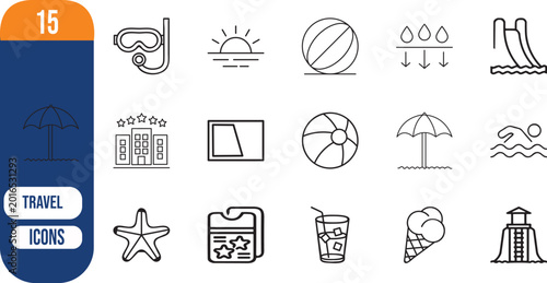 Foto Summer beach holiday travel water recreation icons, snorkel, sunset, beach ball,