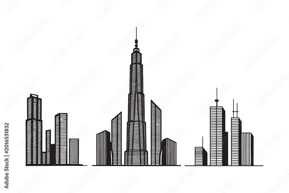 Obraz premium Modern City Skyline Silhouette Vector Collection with Skyscraper Buildings