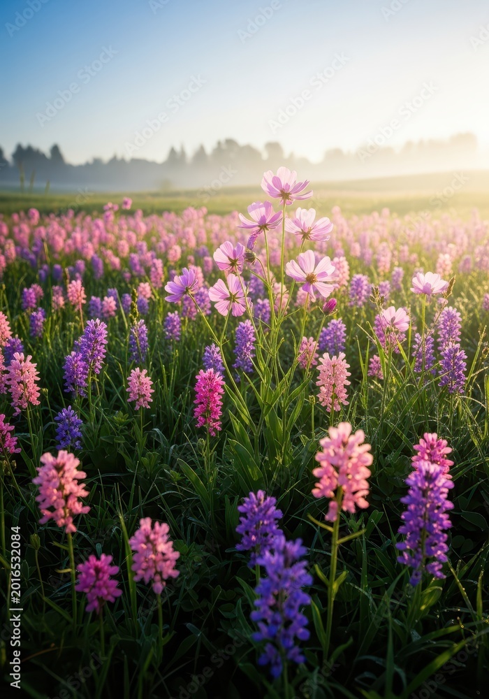 Fototapeta premium A gentle, idyllic meadow bathed in warm morning sunlight. Pink and purple wildflowers create a perfect, optimistic, and welcoming scene of natural beauty, spring, soft, perfect