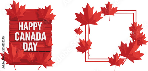 Tableau sur toile Happy Canada Day Greeting Design with Red Maple Leaves Frame and Wooden Sign Ill