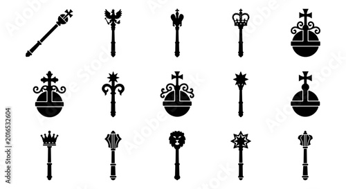 Tableau sur toile Royal scepter and orb icons set, 15 black silhouette monarch regalia symbols, me