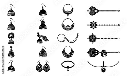 Konstfotografi Traditional Indian jewelry icons set, black silhouette jhumka earrings and nose