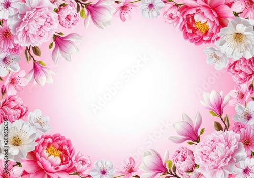 Luxurious arrangement of lush pink and white springtime blossoms forming an elegant decorative border, isolated with central copy space, header, white, celebration