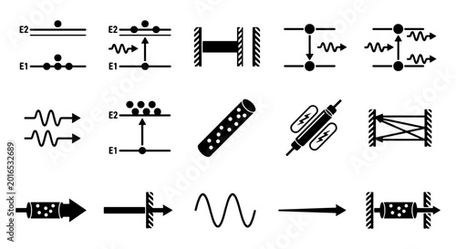 Photos Quantum physics laser icons set, 15 black vector symbols for atomic energy level