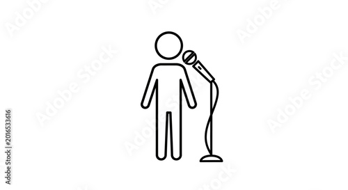 Photos Stick Figure Man Speaking into a Microphone on a Stand on Isolated White Backgro