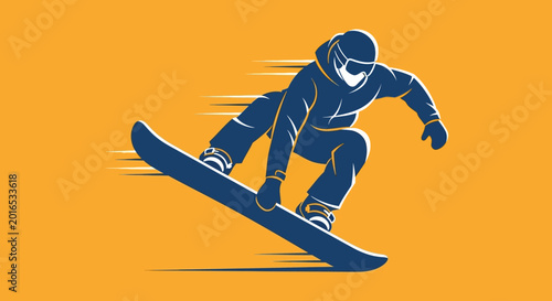 Bild auf Leinwand Energetic Snowboarder Carving Down a Slope on a Vibrant Orange Background