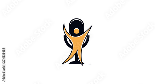 Photos Abstract golden and black logo icon depicting a triumphant person celebrating or aspiring upwards on an isolated white background