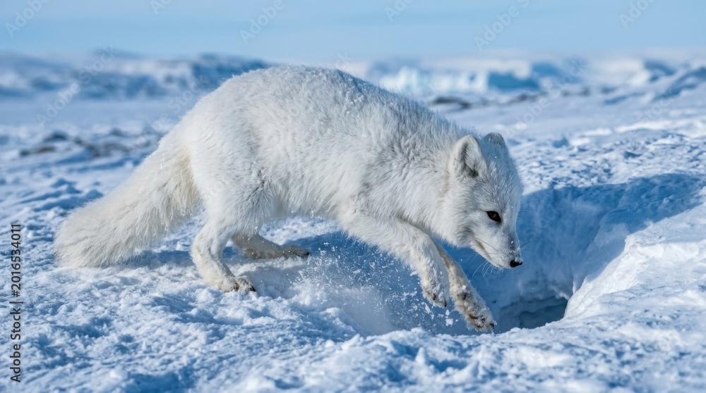 Fototapeta premium Arctic Fox in Snowy Landscape - A Majestic Creature in its Natural Habitat.