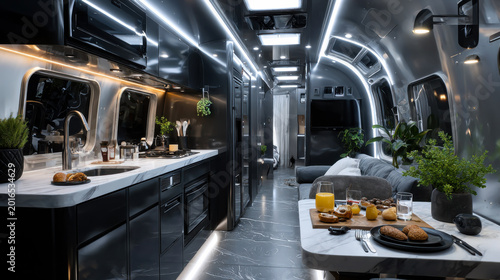 Elegant mobile living space features a dining area, kitchen, and relaxation zones with modern design elements