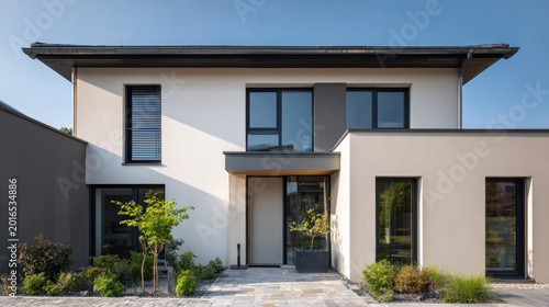 Modern house design with large windows and simple architecture located in a suburban neighborhood during the day